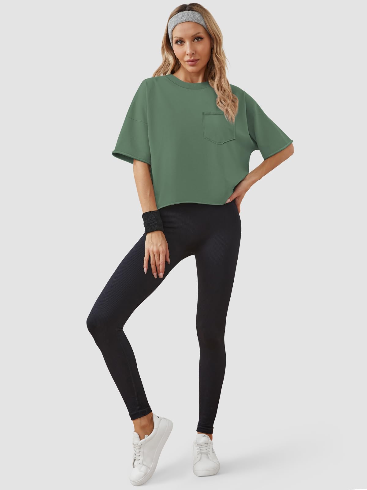 ATHMILE Womens Crop Tops Workout Shirts Gym Oversized Spring Summer Basic Tees Short Sleeve Casual Loose Drop Shoulder 2026