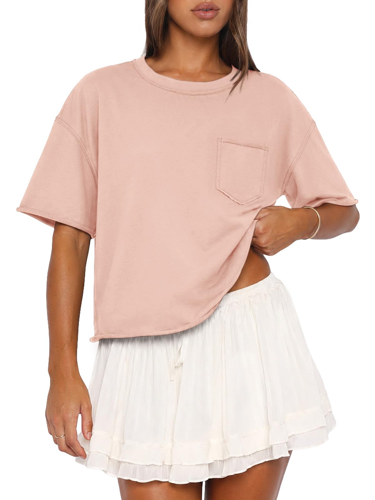 ATHMILE Womens Crop Tops Workout Shirts Gym Oversized Spring Summer Basic Tees Short Sleeve Casual Loose Drop Shoulder 2026