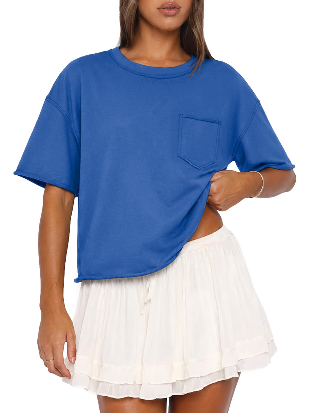 ATHMILE Womens Crop Tops Workout Shirts Gym Oversized Spring Summer Basic Tees Short Sleeve Casual Loose Drop Shoulder 2026