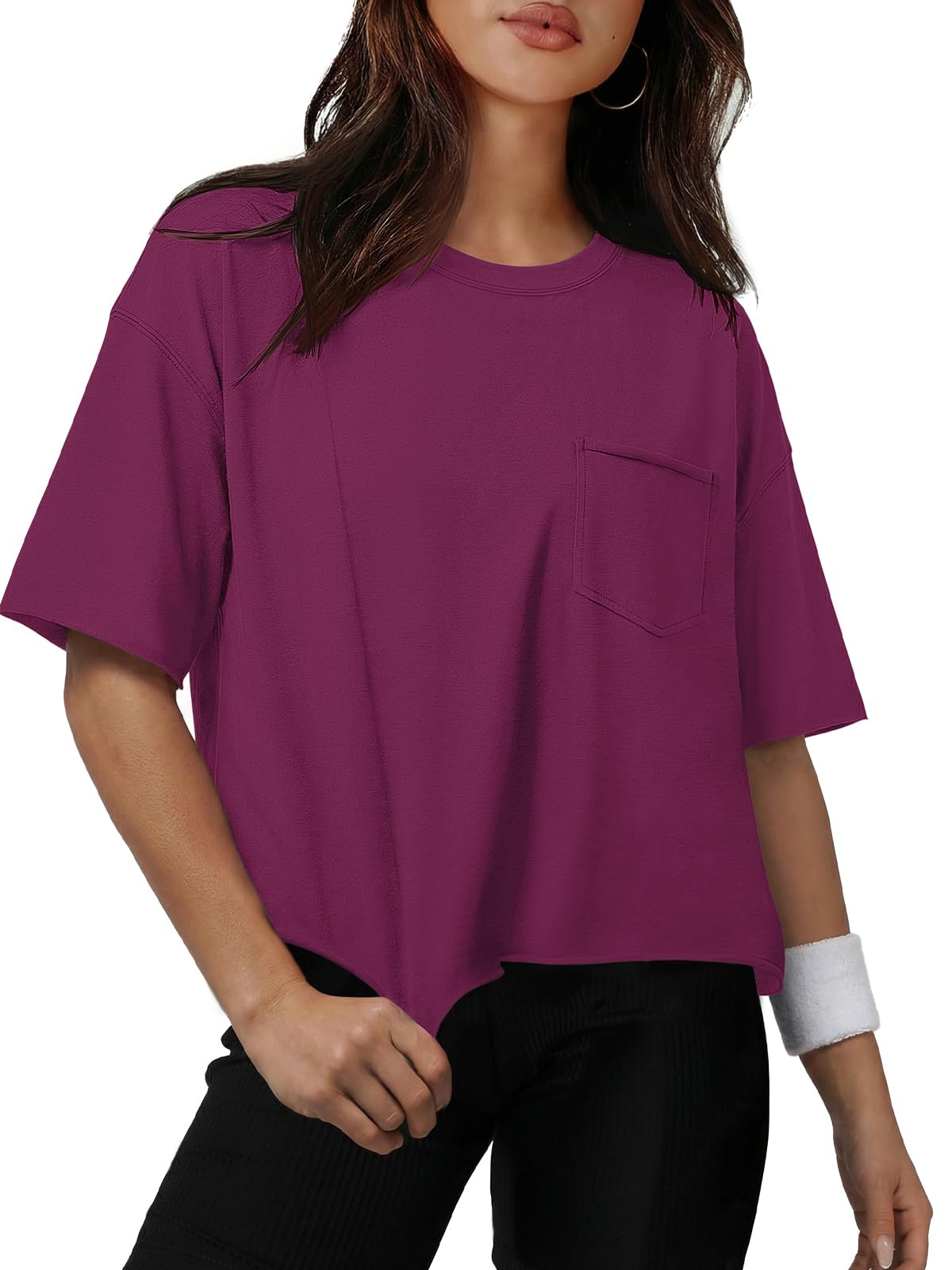 ATHMILE Womens Crop Tops Workout Shirts Gym Oversized Spring Summer Basic Tees Short Sleeve Casual Loose Drop Shoulder 2026