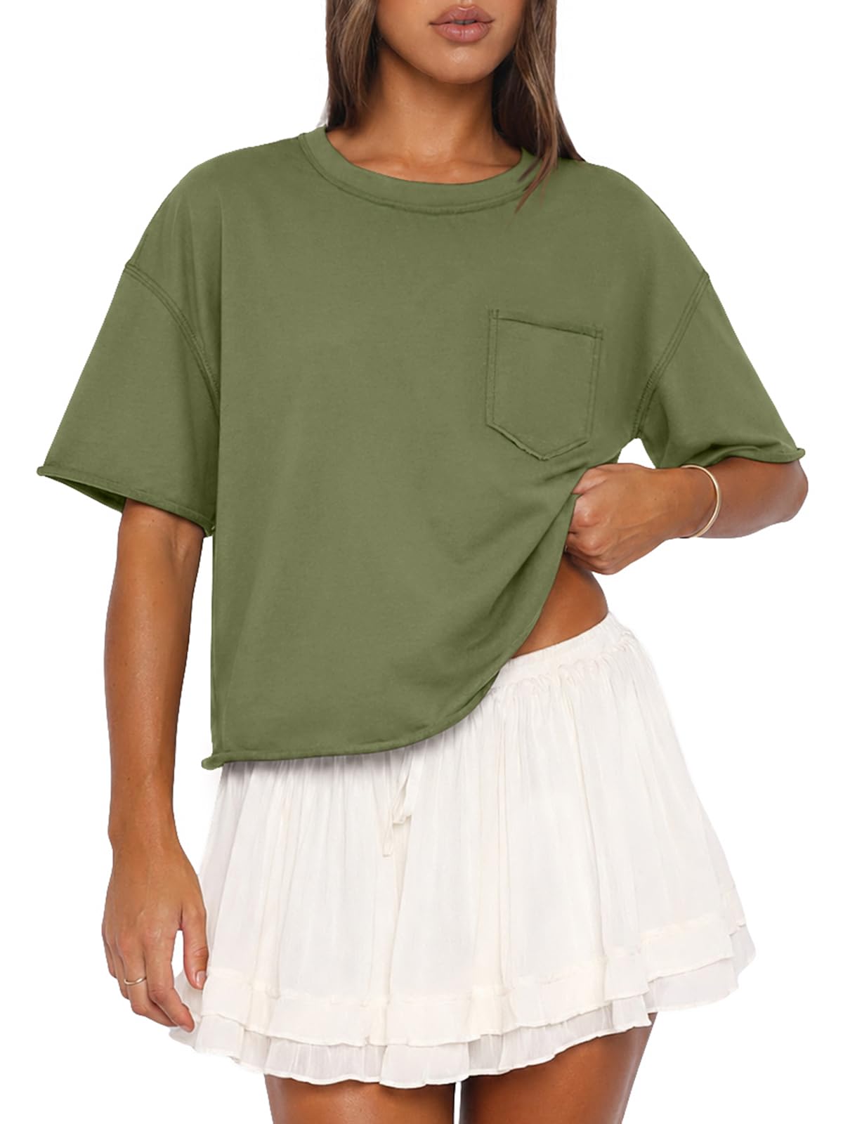 ATHMILE Womens Crop Tops Workout Shirts Gym Oversized Spring Summer Basic Tees Short Sleeve Casual Loose Drop Shoulder 2026