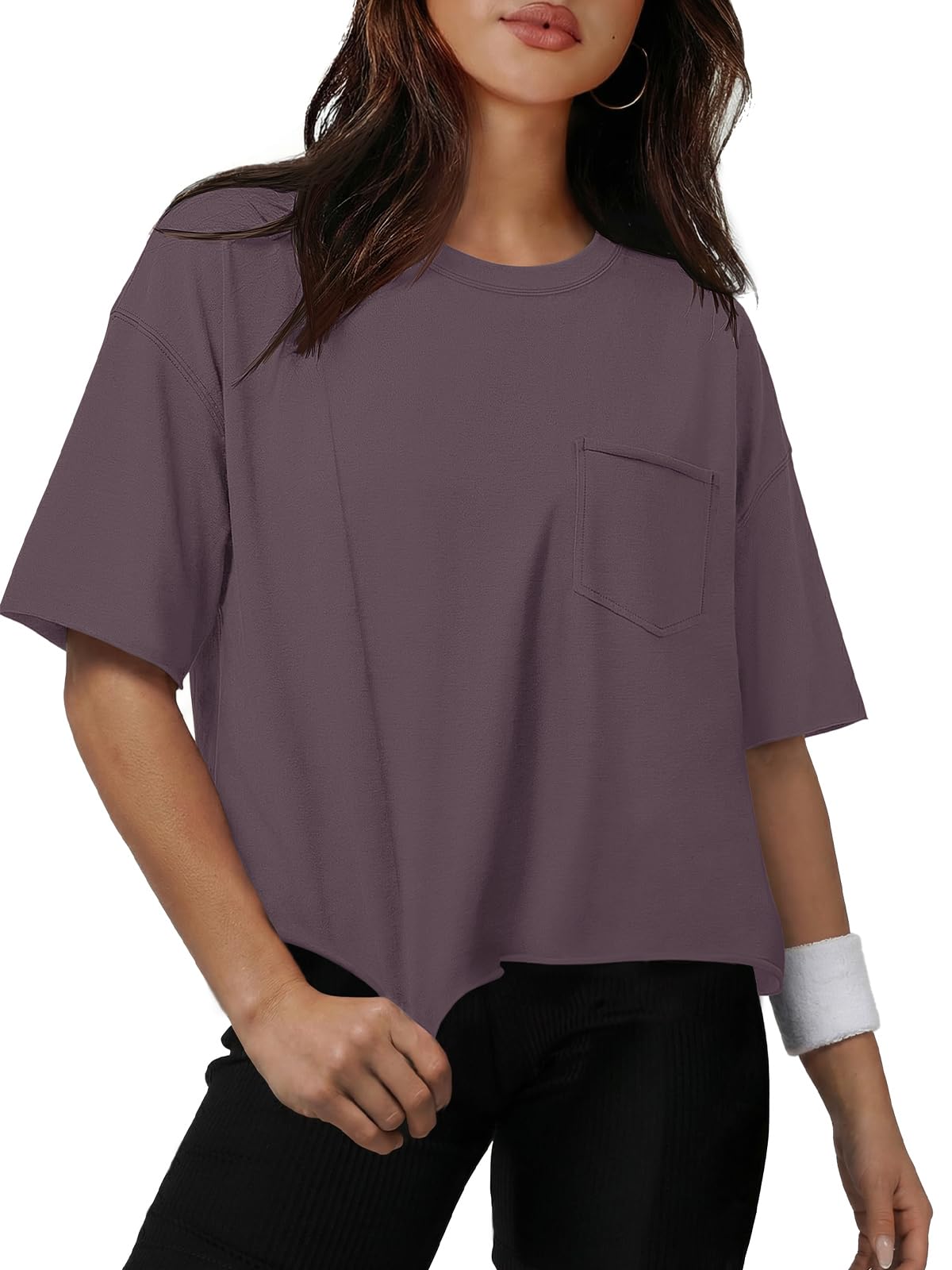 ATHMILE Womens Crop Tops Workout Shirts Gym Oversized Spring Summer Basic Tees Short Sleeve Casual Loose Drop Shoulder 2026