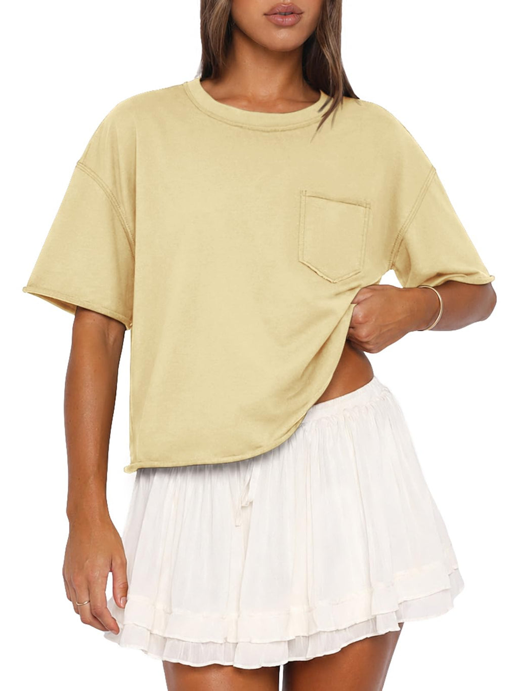 ATHMILE Womens Crop Tops Workout Shirts Gym Oversized Spring Summer Basic Tees Short Sleeve Casual Loose Drop Shoulder 2026