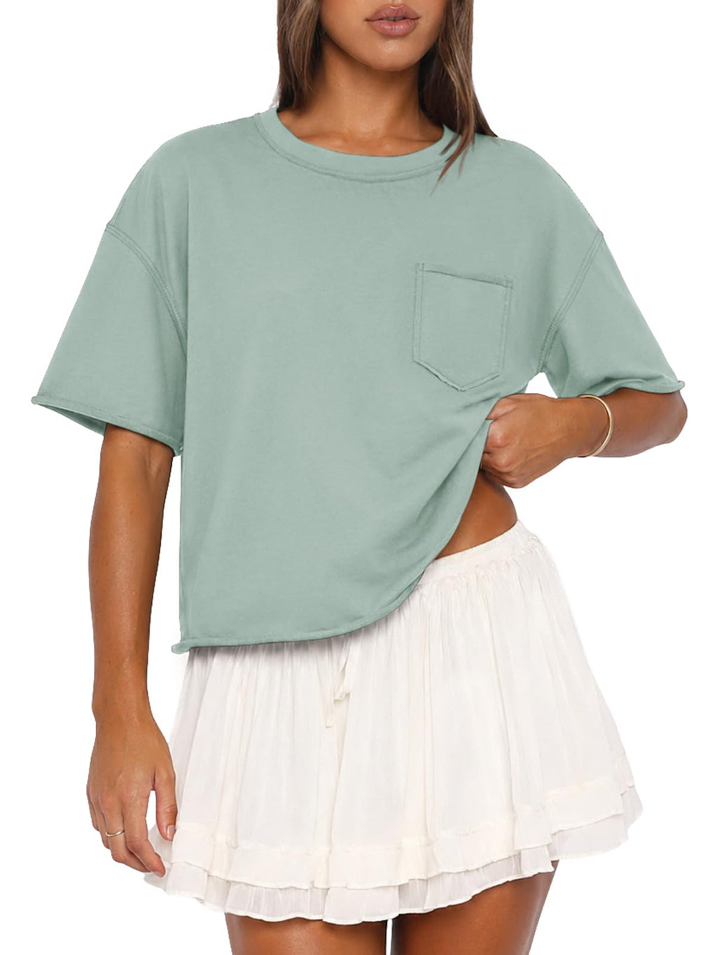 ATHMILE Womens Crop Tops Workout Shirts Gym Oversized Spring Summer Basic Tees Short Sleeve Casual Loose Drop Shoulder 2026