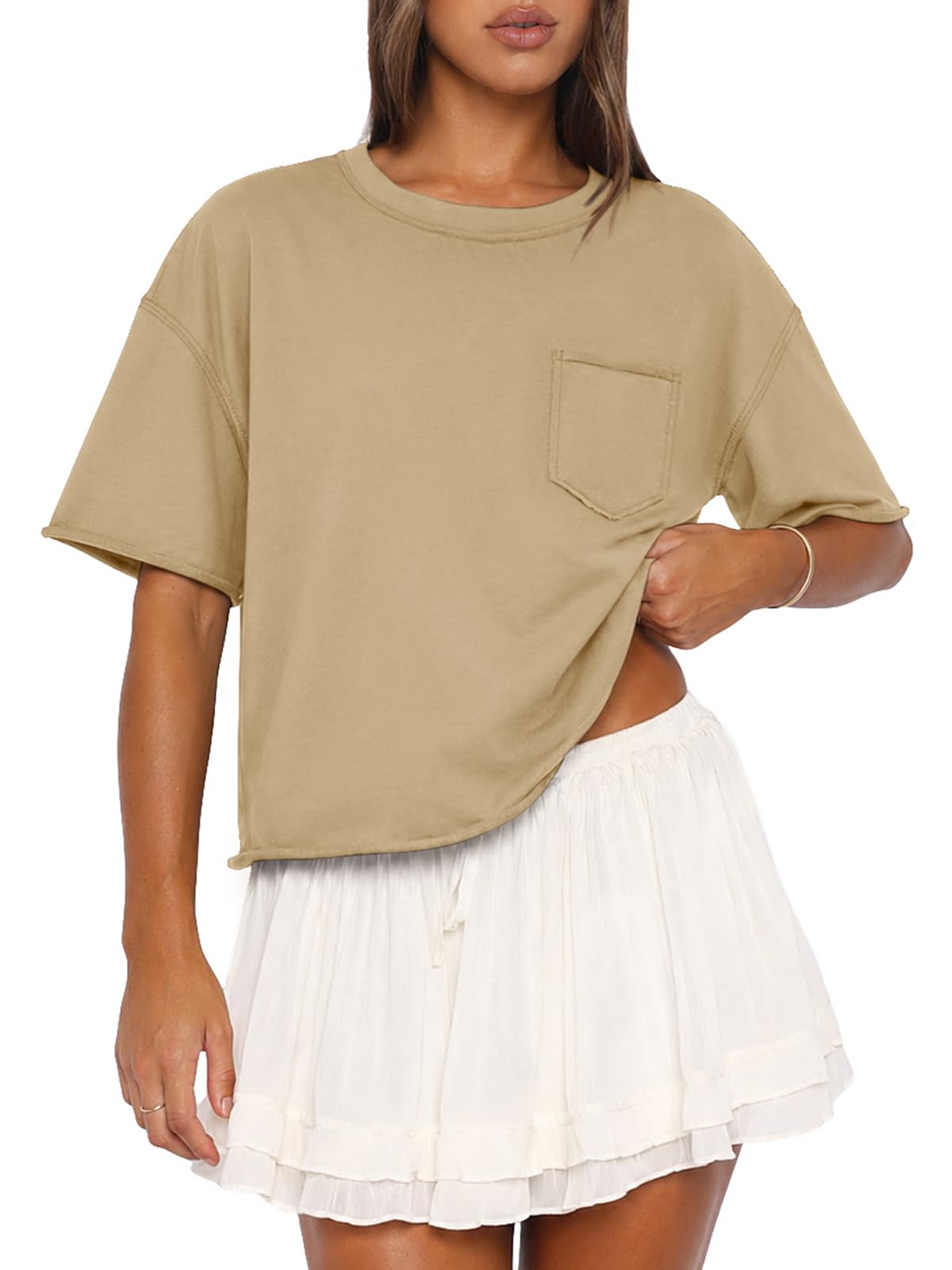 ATHMILE Womens Crop Tops Workout Shirts Gym Oversized Spring Summer Basic Tees Short Sleeve Casual Loose Drop Shoulder 2026
