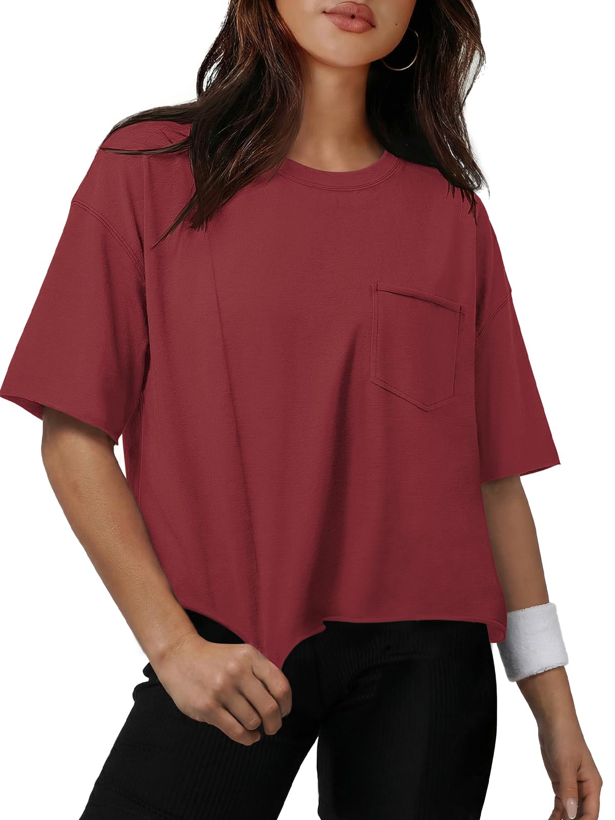 ATHMILE Womens Crop Tops Workout Shirts Gym Oversized Spring Summer Basic Tees Short Sleeve Casual Loose Drop Shoulder 2026