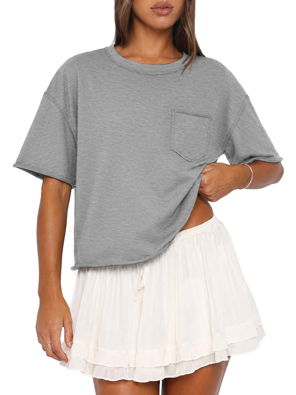 ATHMILE Womens Crop Tops Workout Shirts Gym Oversized Spring Summer Basic Tees Short Sleeve Casual Loose Drop Shoulder 2026