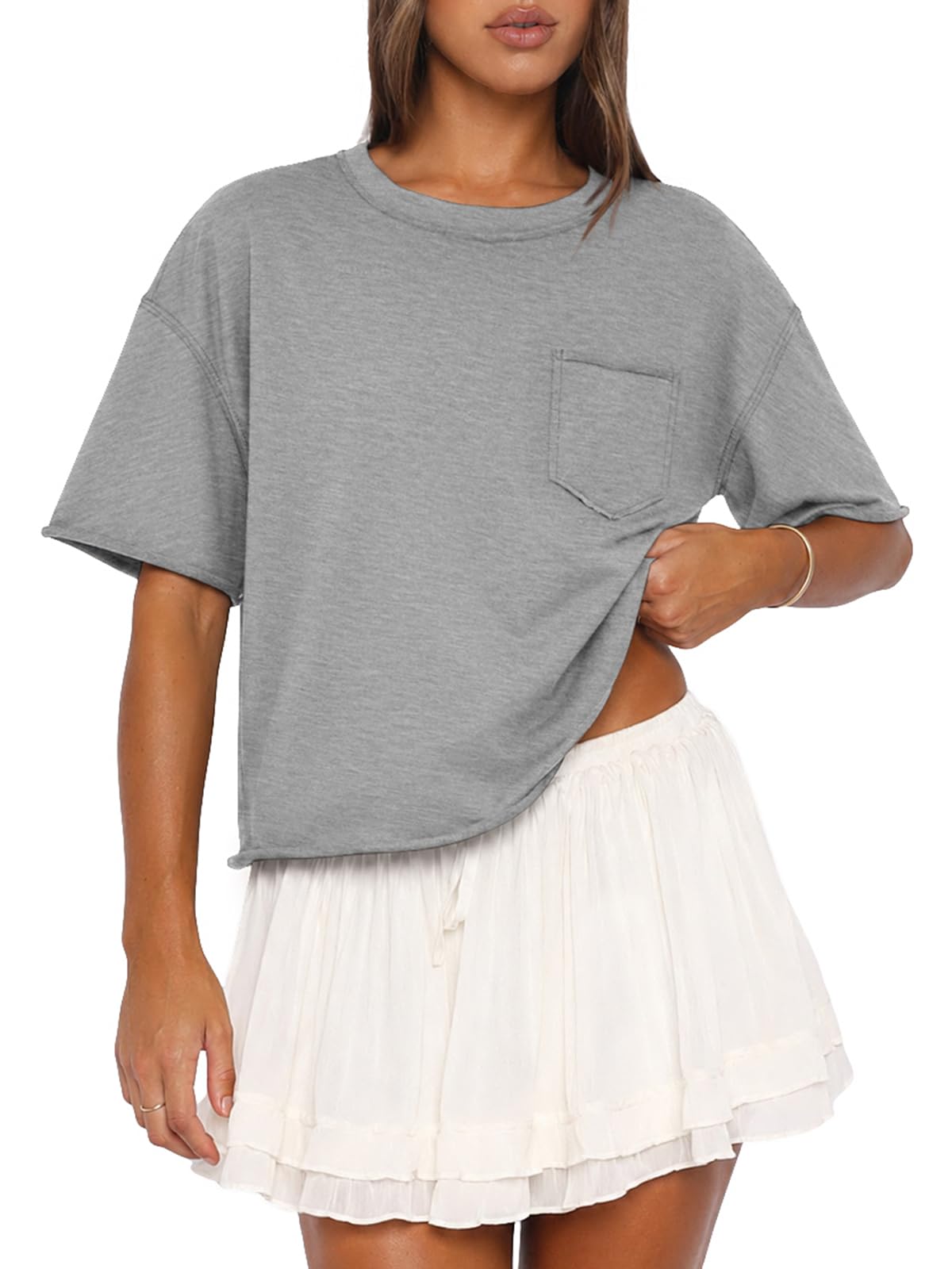 ATHMILE Womens Crop Tops Workout Shirts Gym Oversized Spring Summer Basic Tees Short Sleeve Casual Loose Drop Shoulder 2026