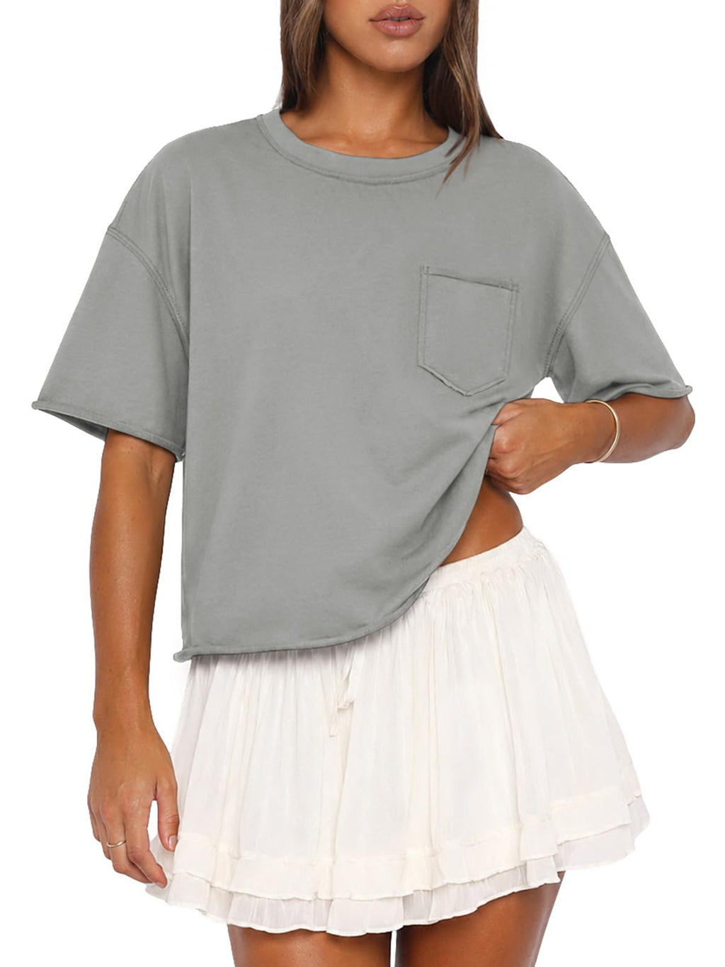 ATHMILE Womens Crop Tops Workout Shirts Gym Oversized Spring Summer Basic Tees Short Sleeve Casual Loose Drop Shoulder 2026