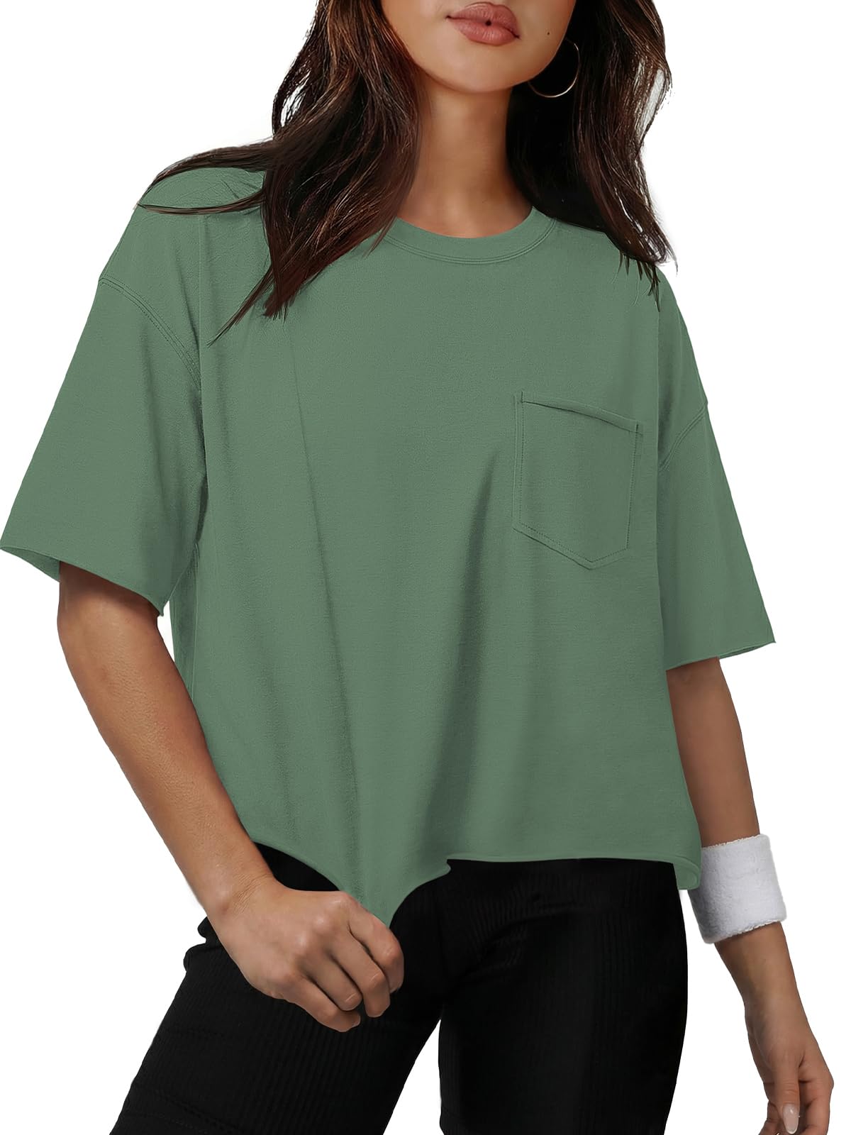 ATHMILE Womens Crop Tops Workout Shirts Gym Oversized Spring Summer Basic Tees Short Sleeve Casual Loose Drop Shoulder 2026