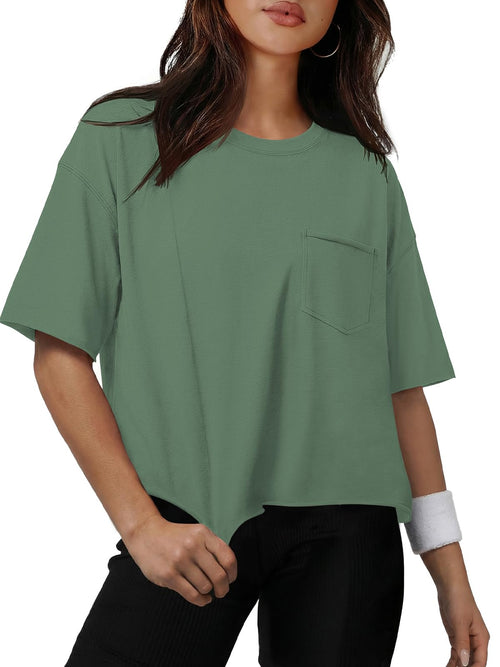 ATHMILE Womens Crop Tops Workout Shirts Gym Oversized Spring Summer Basic Tees Short Sleeve Casual Loose Drop Shoulder 2026