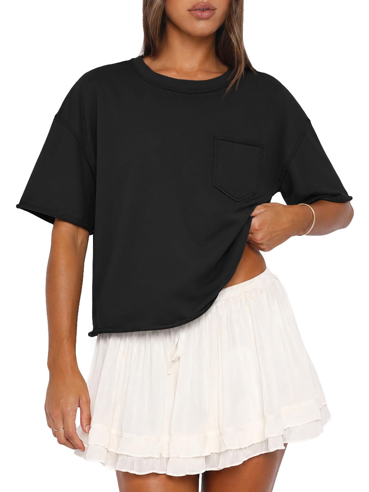 ATHMILE Womens Crop Tops Workout Shirts Gym Oversized Spring Summer Basic Tees Short Sleeve Casual Loose Drop Shoulder 2026