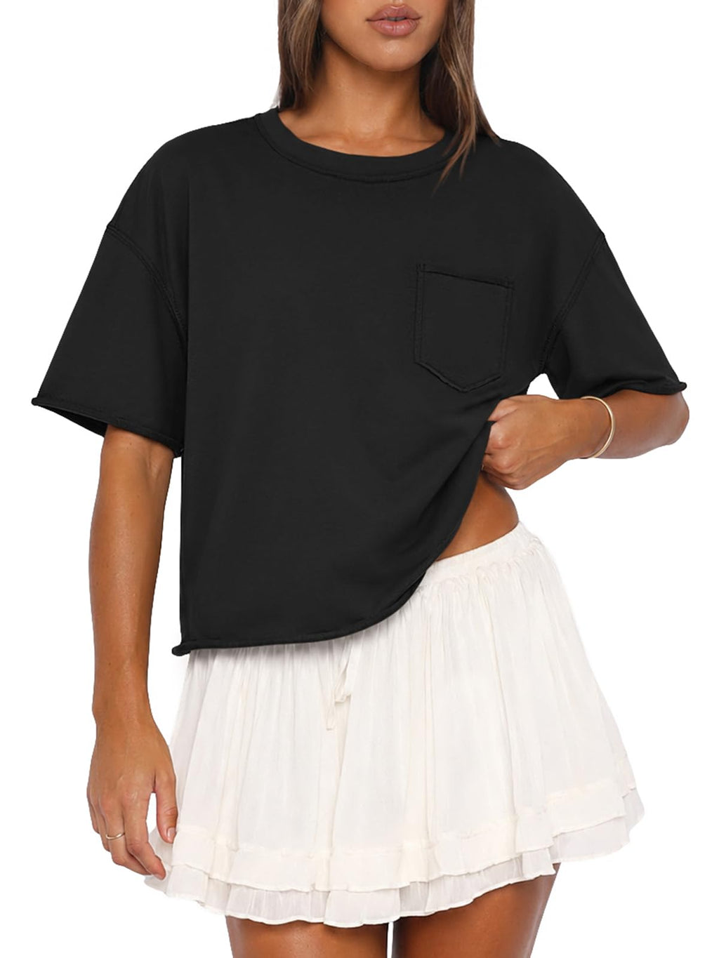ATHMILE Womens Crop Tops Workout Shirts Gym Oversized Spring Summer Basic Tees Short Sleeve Casual Loose Drop Shoulder 2026